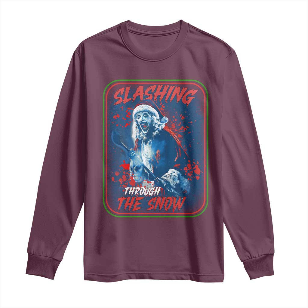 Terrifier Santa Christmas Long Sleeve Shirt Slashing Through The Snow TS14 Maroon Print Your Wear