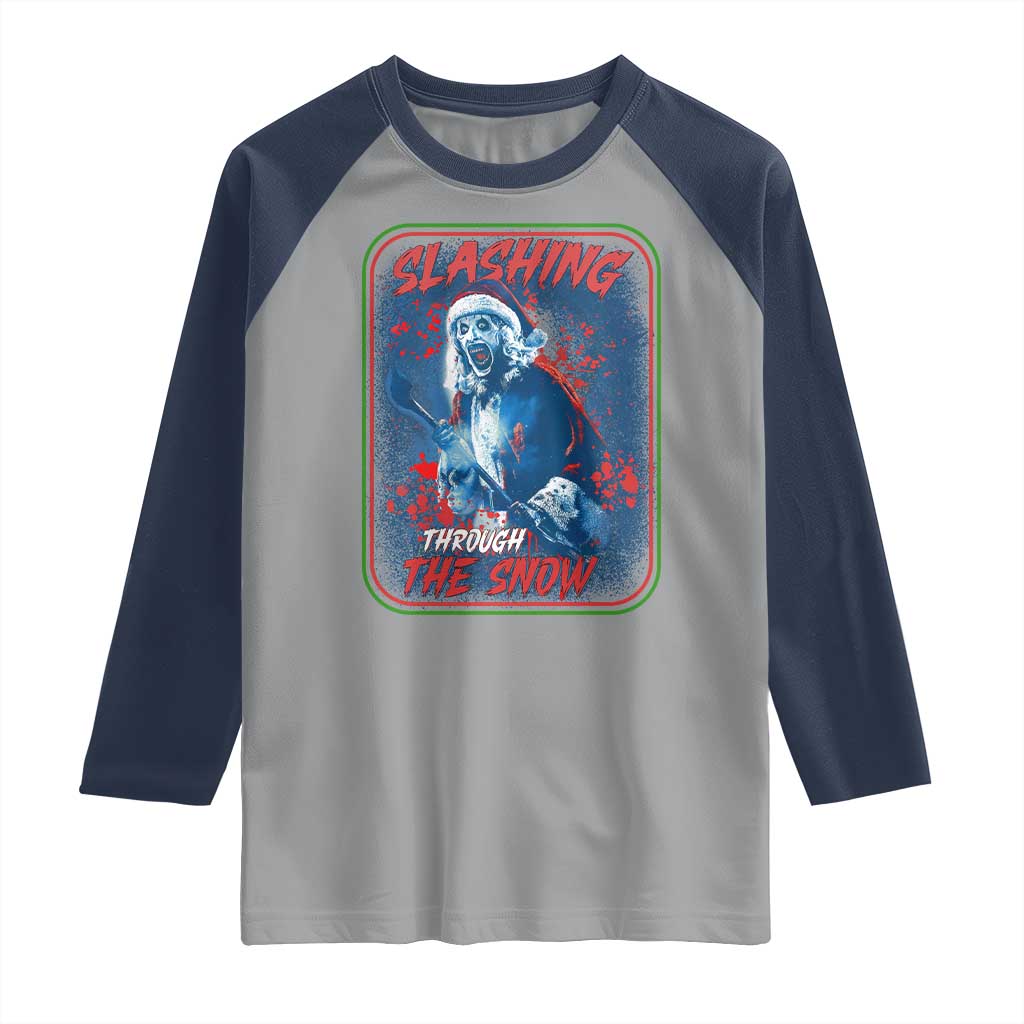 Terrifier Santa Christmas Raglan Shirt Slashing Through The Snow TS14 Sport Gray Navy Print Your Wear