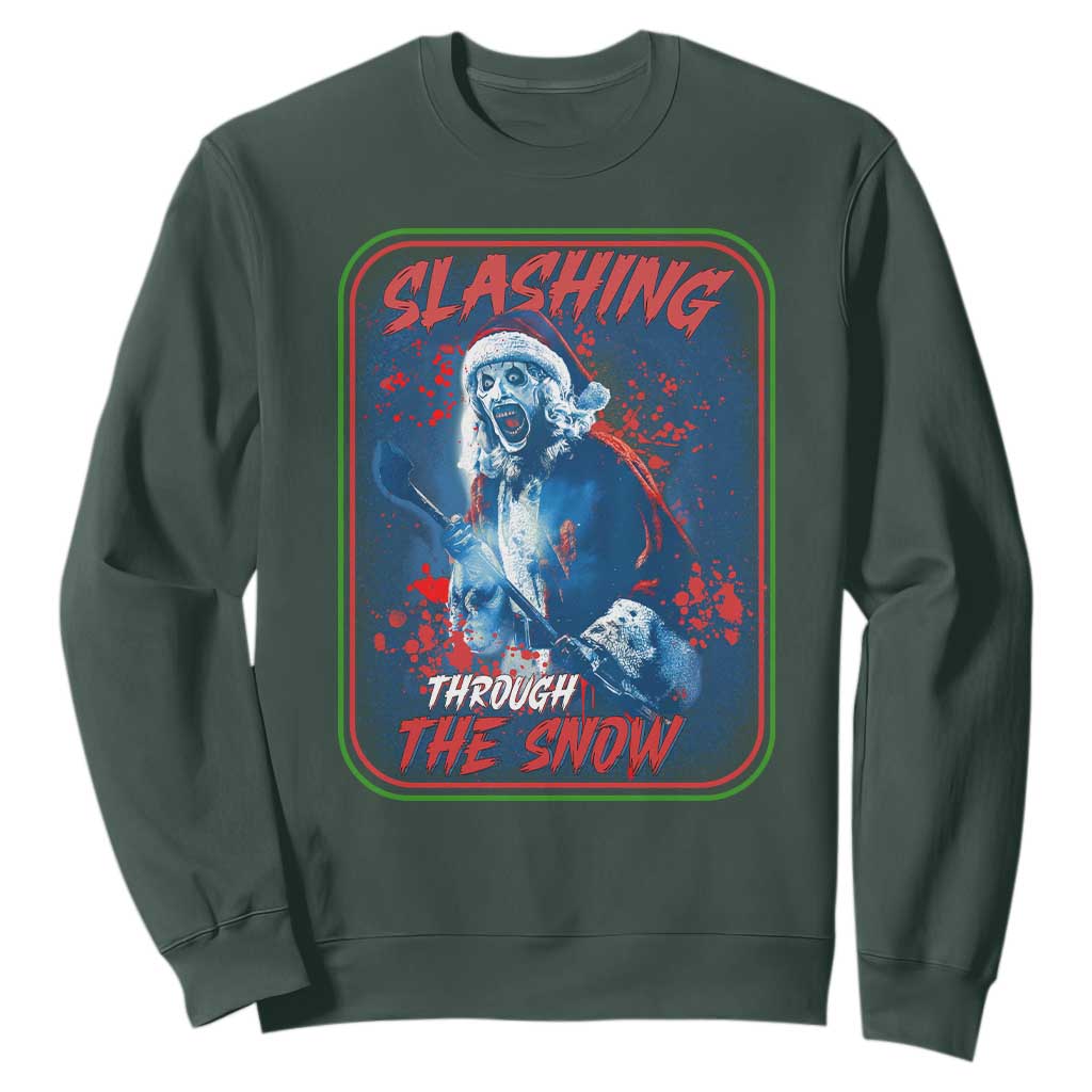 Terrifier Santa Christmas Sweatshirt Slashing Through The Snow TS14 Dark Forest Green Print Your Wear