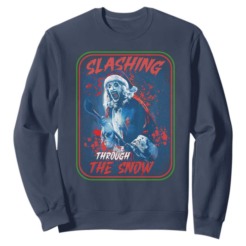 Terrifier Santa Christmas Sweatshirt Slashing Through The Snow TS14 Navy Print Your Wear