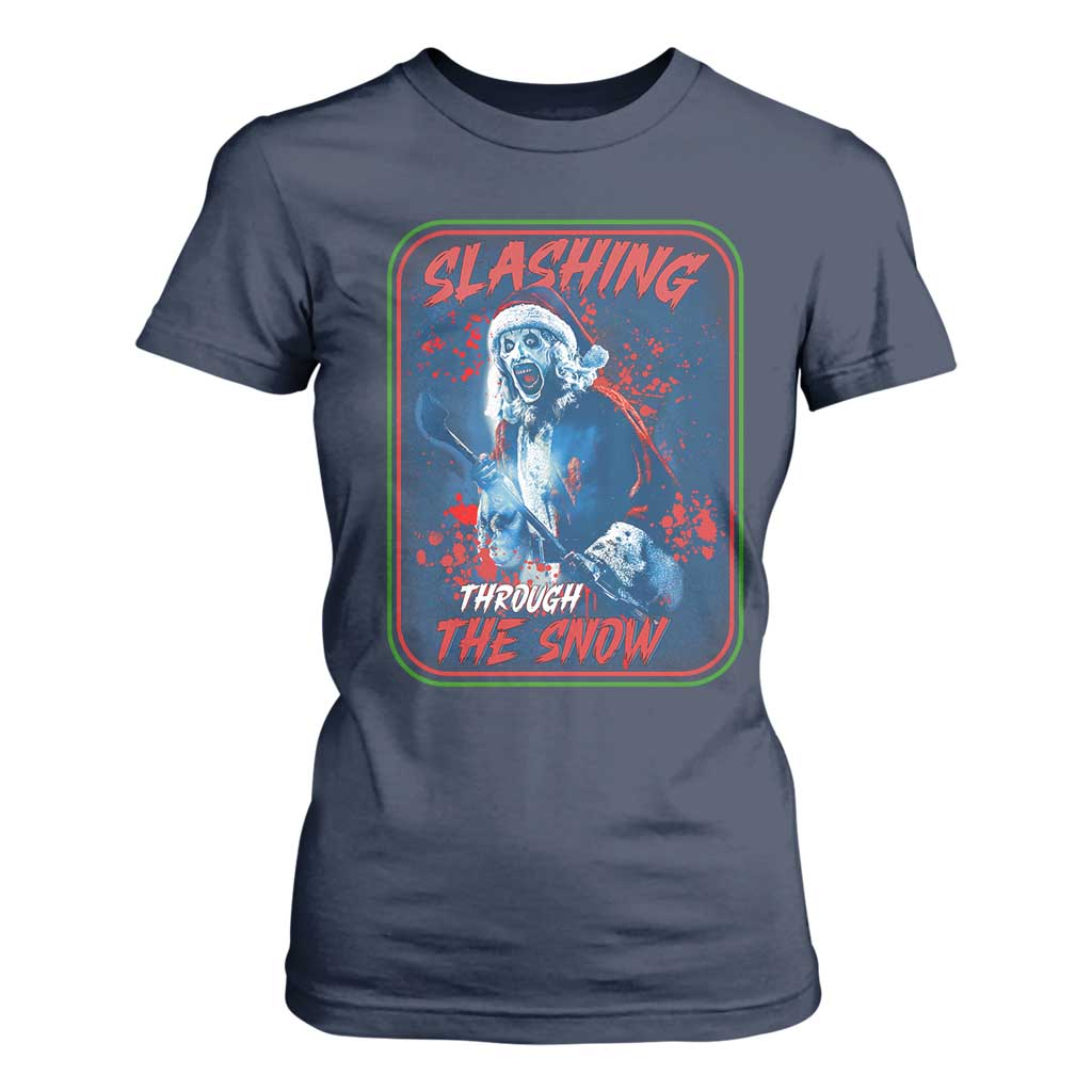 Terrifier Santa Christmas T Shirt For Women Slashing Through The Snow TS14 Navy Print Your Wear
