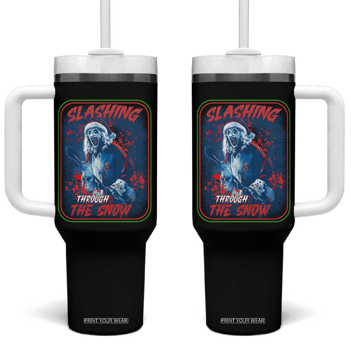 Terrifier Santa Christmas Tumbler With Handle Slashing Through The Snow TS14 One Size: 40 oz Black Print Your Wear