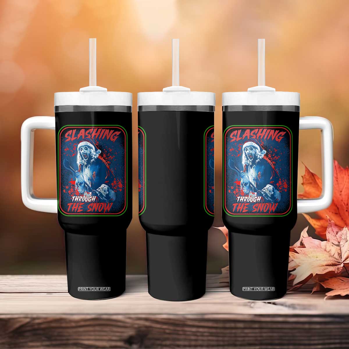 Terrifier Santa Christmas Tumbler With Handle Slashing Through The Snow TS14 Print Your Wear