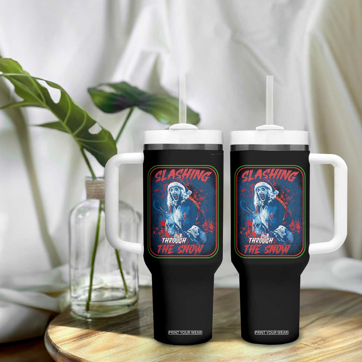 Terrifier Santa Christmas Tumbler With Handle Slashing Through The Snow TS14 Print Your Wear
