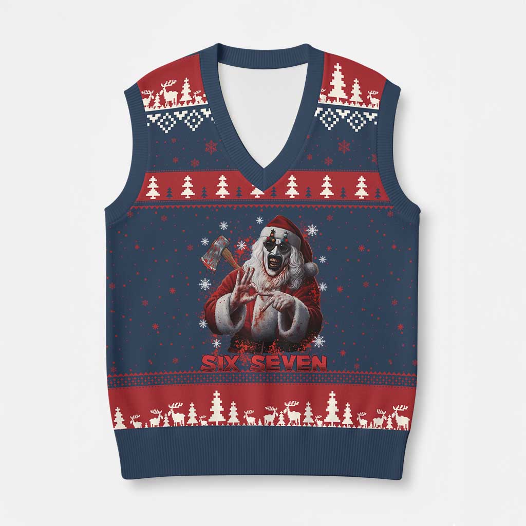 67 Terrifier Santa Horror Xmas V-Neck Knit Sweater Vest Funny Six Seven Meme Holiday Movie TS14 Navy Red Print Your Wear