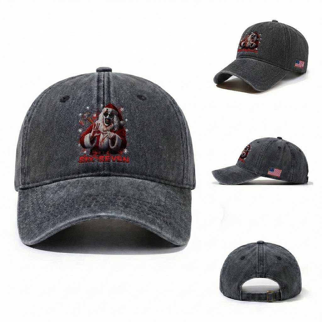67 Terrifier Santa Horror Christmas Washed Cotton Baseball Cap Funny Six Seven Meme Holiday Movie TS14 Washed Cap Universal Fit Dark Gray Print Your Wear