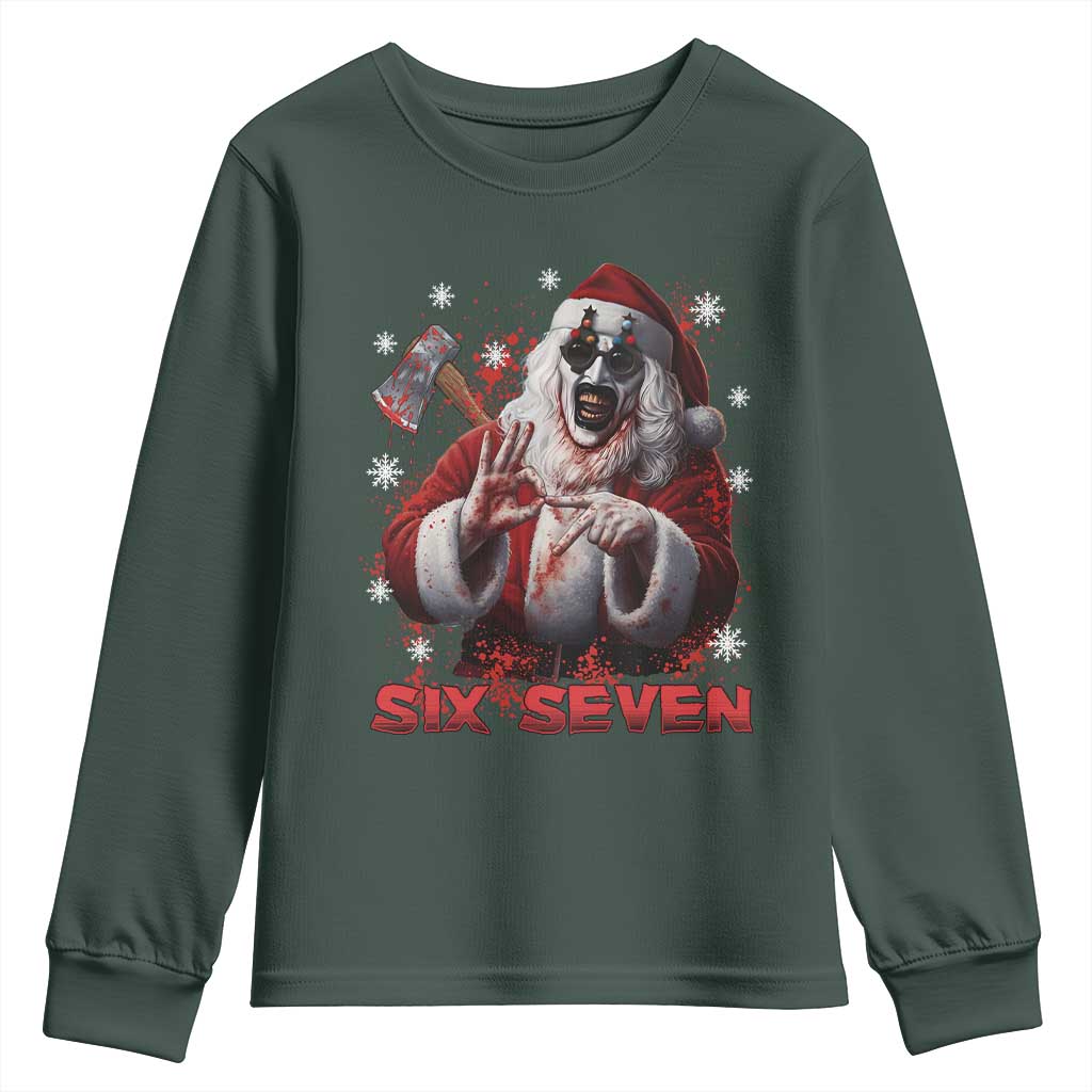 67 Terrifier Santa Horror Christmas Youth Sweatshirt Funny Six Seven Meme Holiday Movie TS14 Dark Forest Green Print Your Wear