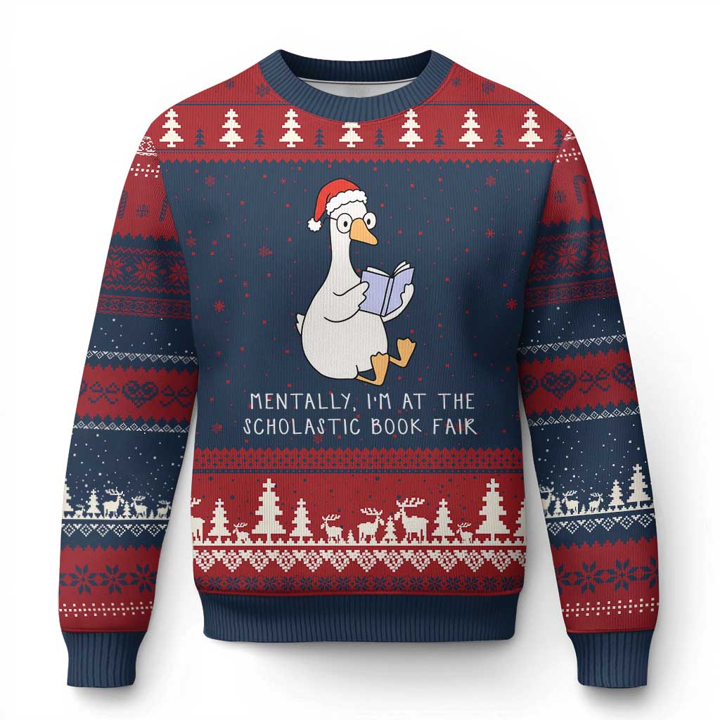 Silly Goose Bookish Xmas Ugly Christmas Sweater Mentally I Am At The Scholastic Book Fair TS14 Navy Red Print Your Wear
