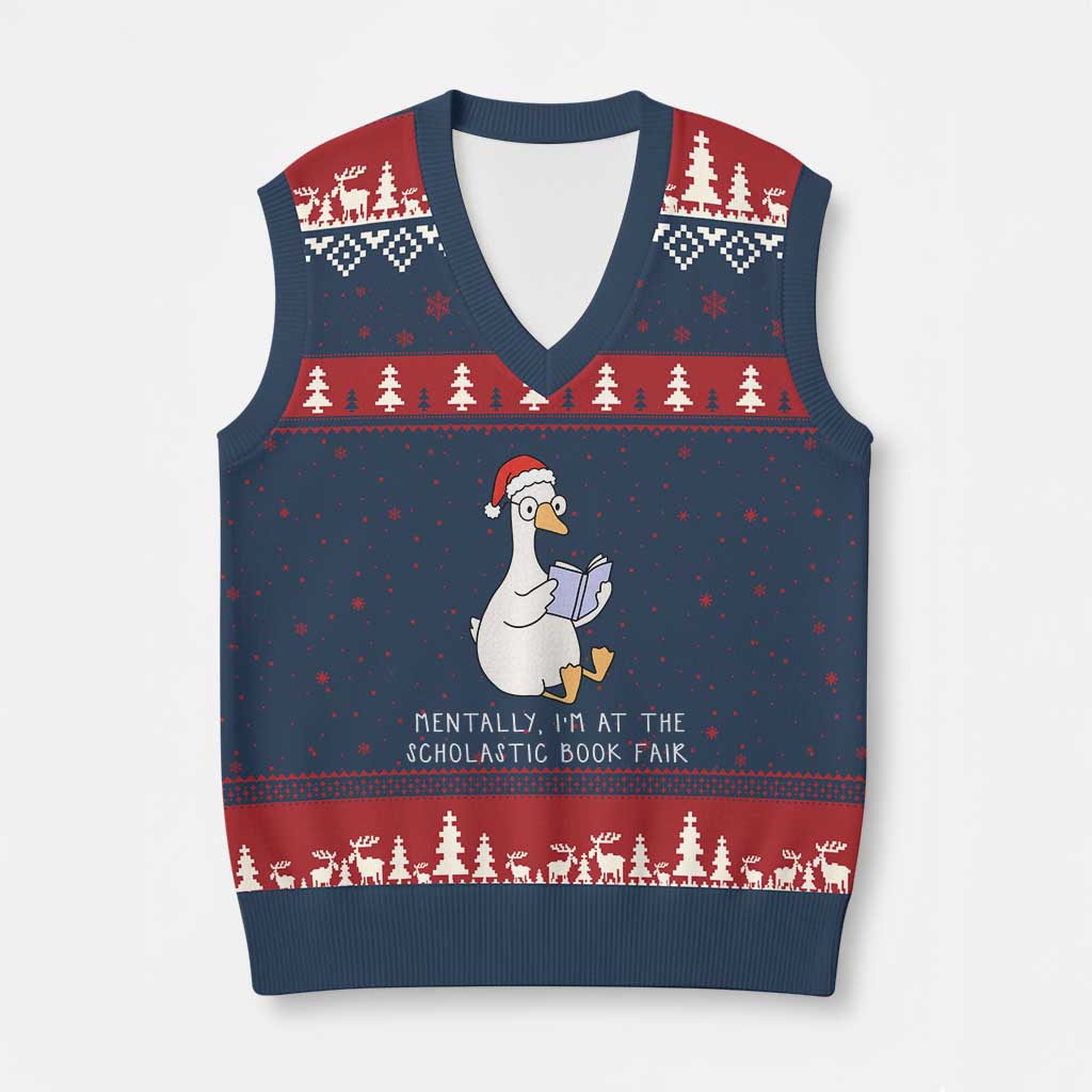 Silly Goose Bookish Xmas V-Neck Knit Sweater Vest Mentally I Am At The Scholastic Book Fair TS14 Navy Red Print Your Wear