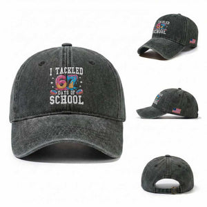 67 Days Of School Washed Cotton Baseball Cap Six Seven Sports American Football Ice Cream Drip TS14 Washed Cap Universal Fit Dark Green Print Your Wear