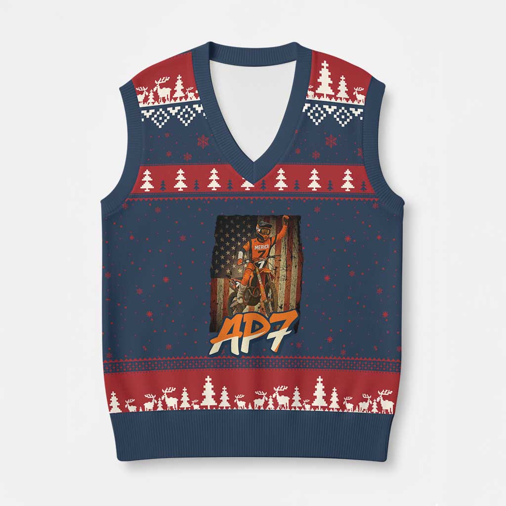 Dirt Bike American Flag V-Neck Knit Sweater Vest TS14 Navy Red Print Your Wear