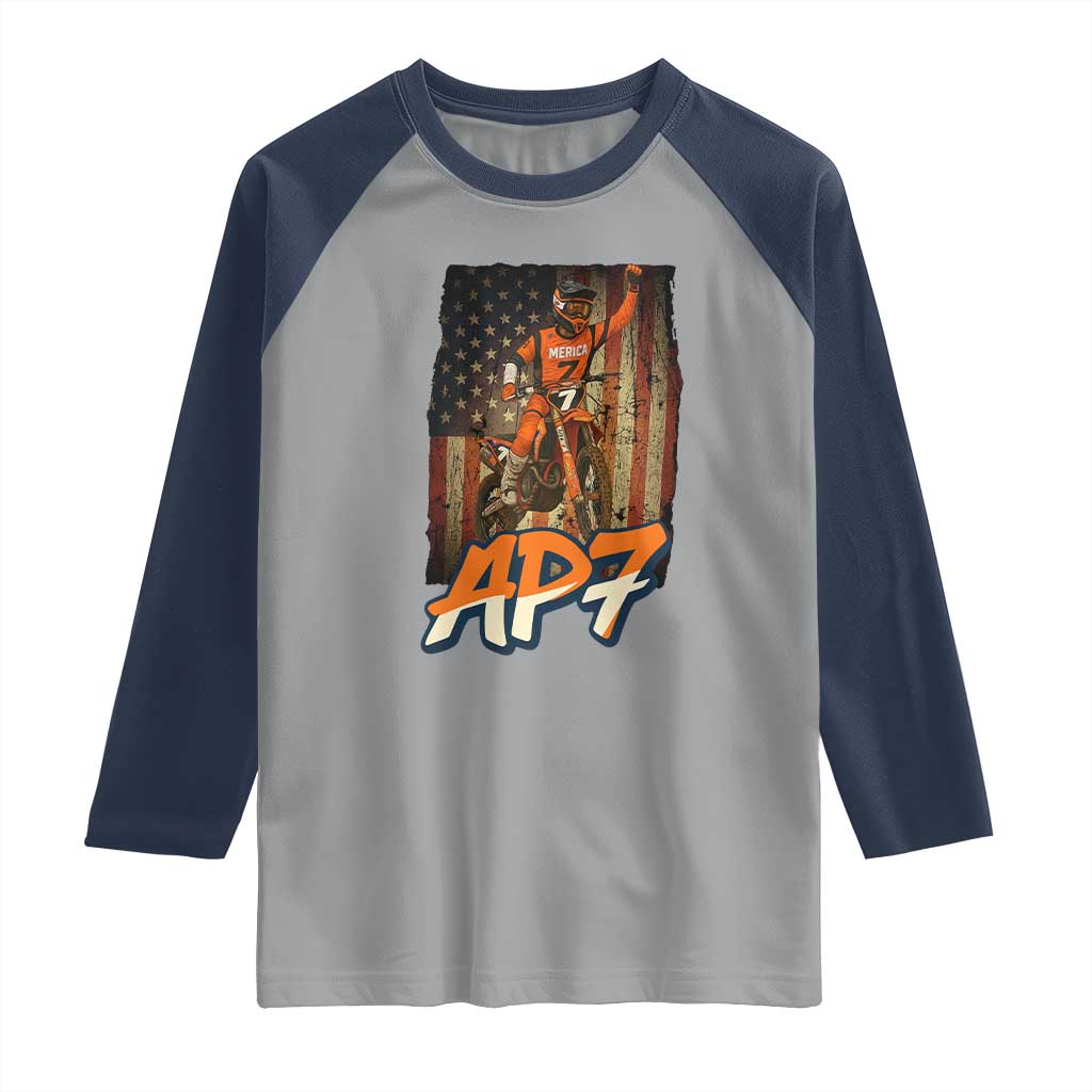 Dirt Bike American Flag Raglan Shirt TS14 Sport Gray Navy Print Your Wear