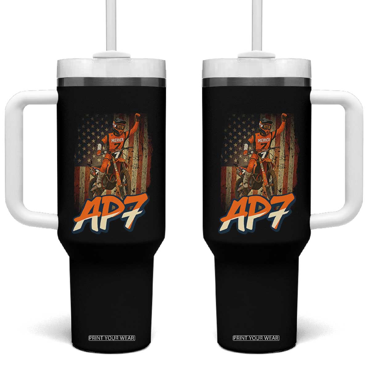 Dirt Bike American Flag Tumbler With Handle TS14 One Size: 40 oz Black Print Your Wear