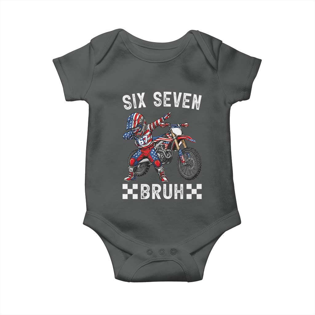 67 Bruh Meme Baby Onesie Funny Six Seven Dirt Bike Patriotic American Flag TS14 Dark Heather Print Your Wear