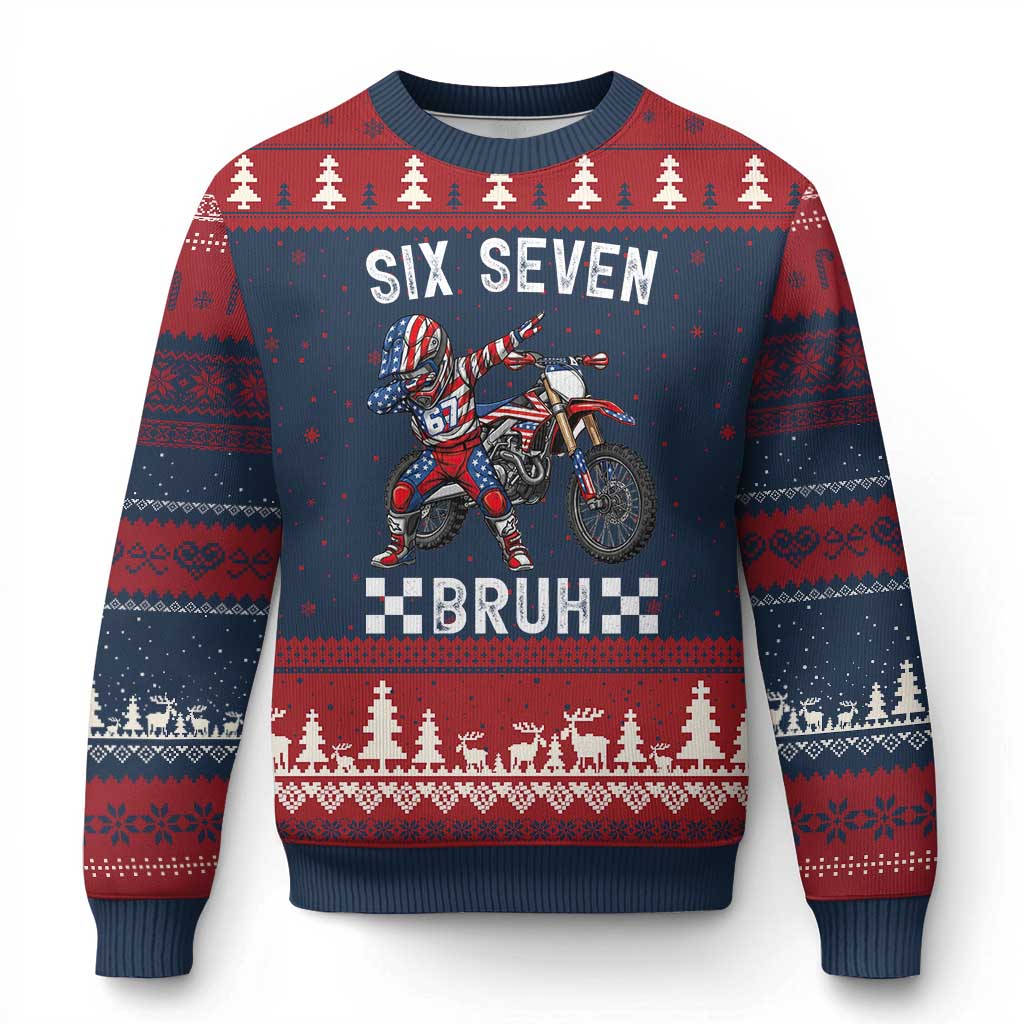 67 Bruh Meme Ugly Christmas Sweater Funny Six Seven Dirt Bike Patriotic American Flag TS14 Navy Red Print Your Wear