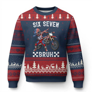67 Bruh Meme Ugly Christmas Sweater Funny Six Seven Dirt Bike Patriotic American Flag TS14 Navy Red Print Your Wear