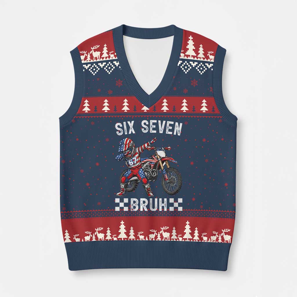 67 Bruh Meme V-Neck Knit Sweater Vest Funny Six Seven Dirt Bike Patriotic American Flag TS14 Navy Red Print Your Wear