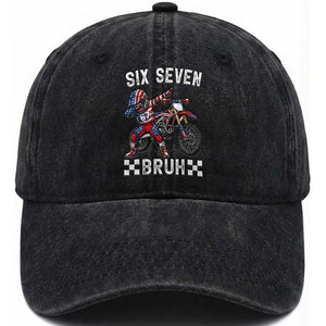 67 Bruh Meme Washed Cotton Baseball Cap Funny Six Seven Dirt Bike Patriotic American Flag TS14 Washed Cap Universal Fit Black Print Your Wear