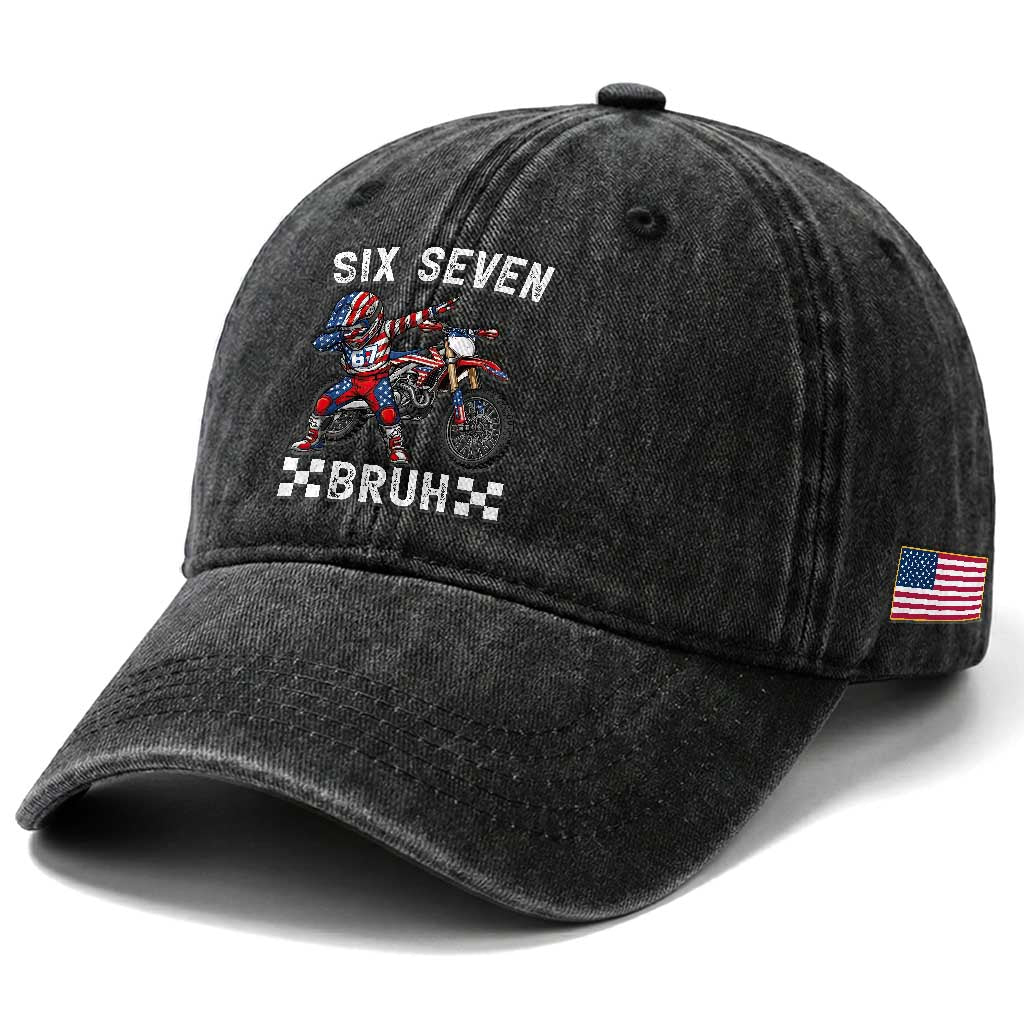 67 Bruh Meme Washed Cotton Baseball Cap Funny Six Seven Dirt Bike Patriotic American Flag TS14 Print Your Wear