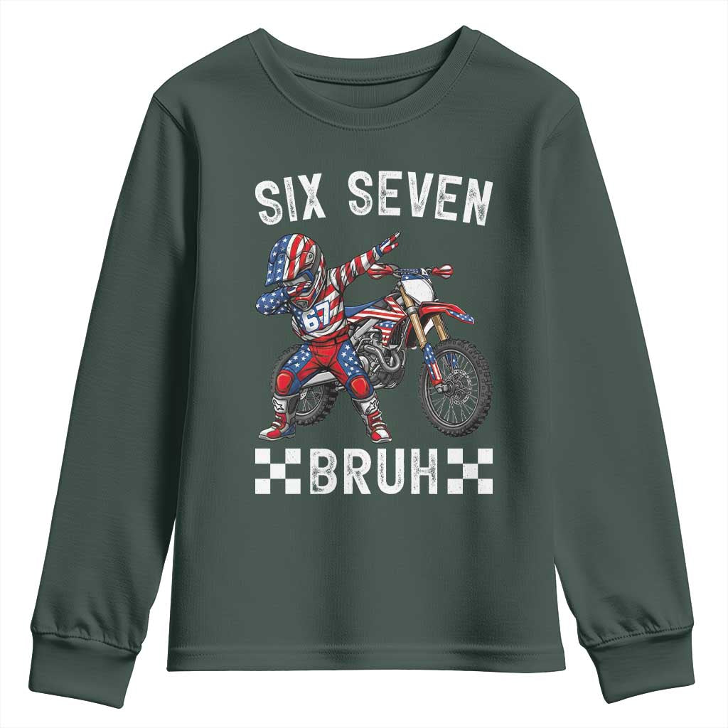 67 Bruh Meme Youth Sweatshirt Funny Six Seven Dirt Bike Patriotic American Flag TS14 Dark Forest Green Print Your Wear