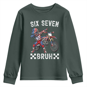 67 Bruh Meme Youth Sweatshirt Funny Six Seven Dirt Bike Patriotic American Flag TS14 Dark Forest Green Print Your Wear