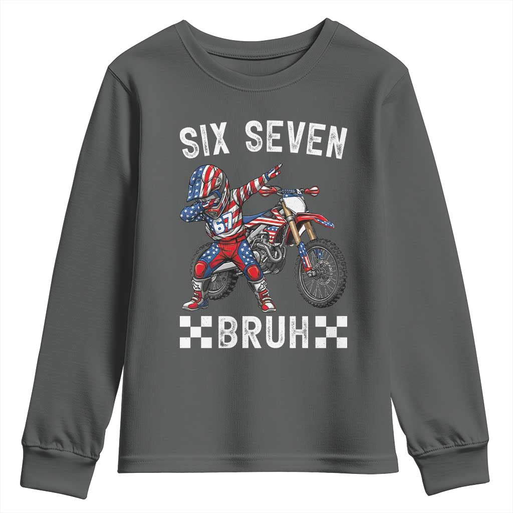 67 Bruh Meme Youth Sweatshirt Funny Six Seven Dirt Bike Patriotic American Flag TS14 Dark Heather Print Your Wear