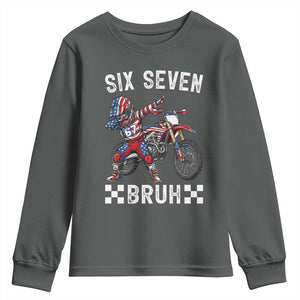 67 Bruh Meme Youth Sweatshirt Funny Six Seven Dirt Bike Patriotic American Flag TS14 Dark Heather Print Your Wear