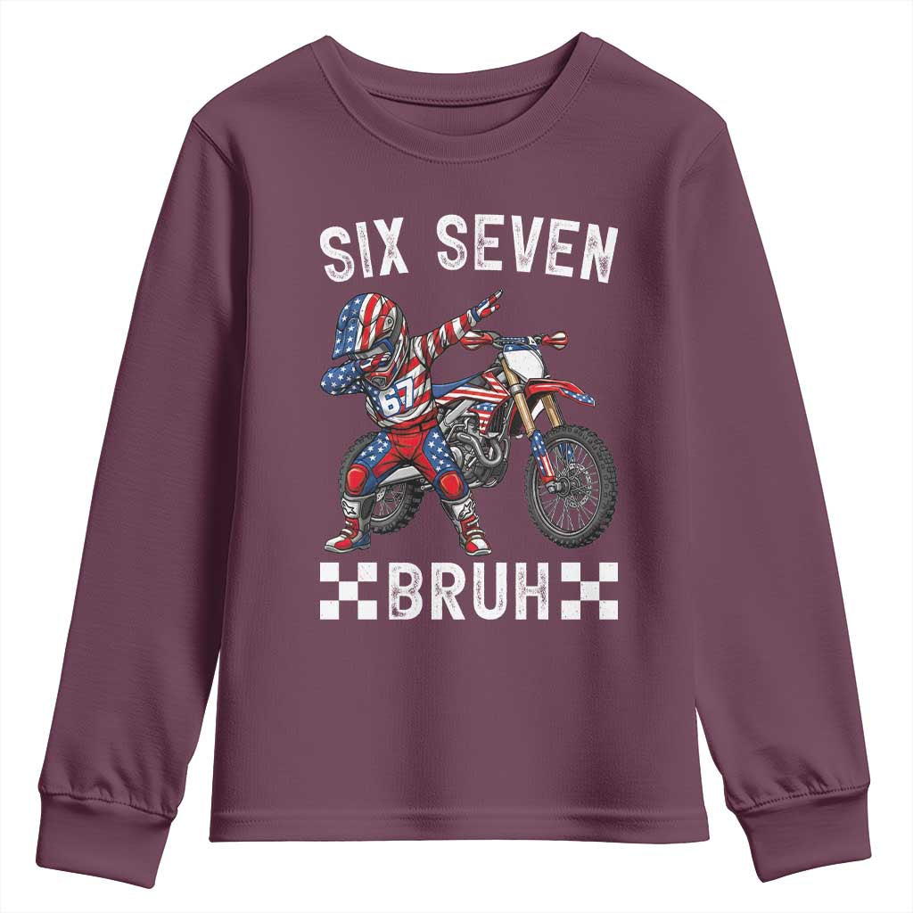 67 Bruh Meme Youth Sweatshirt Funny Six Seven Dirt Bike Patriotic American Flag TS14 Maroon Print Your Wear