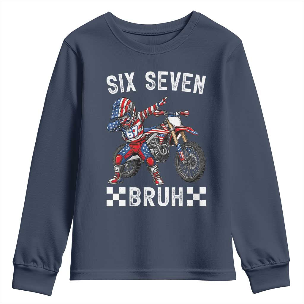 67 Bruh Meme Youth Sweatshirt Funny Six Seven Dirt Bike Patriotic American Flag TS14 Navy Print Your Wear