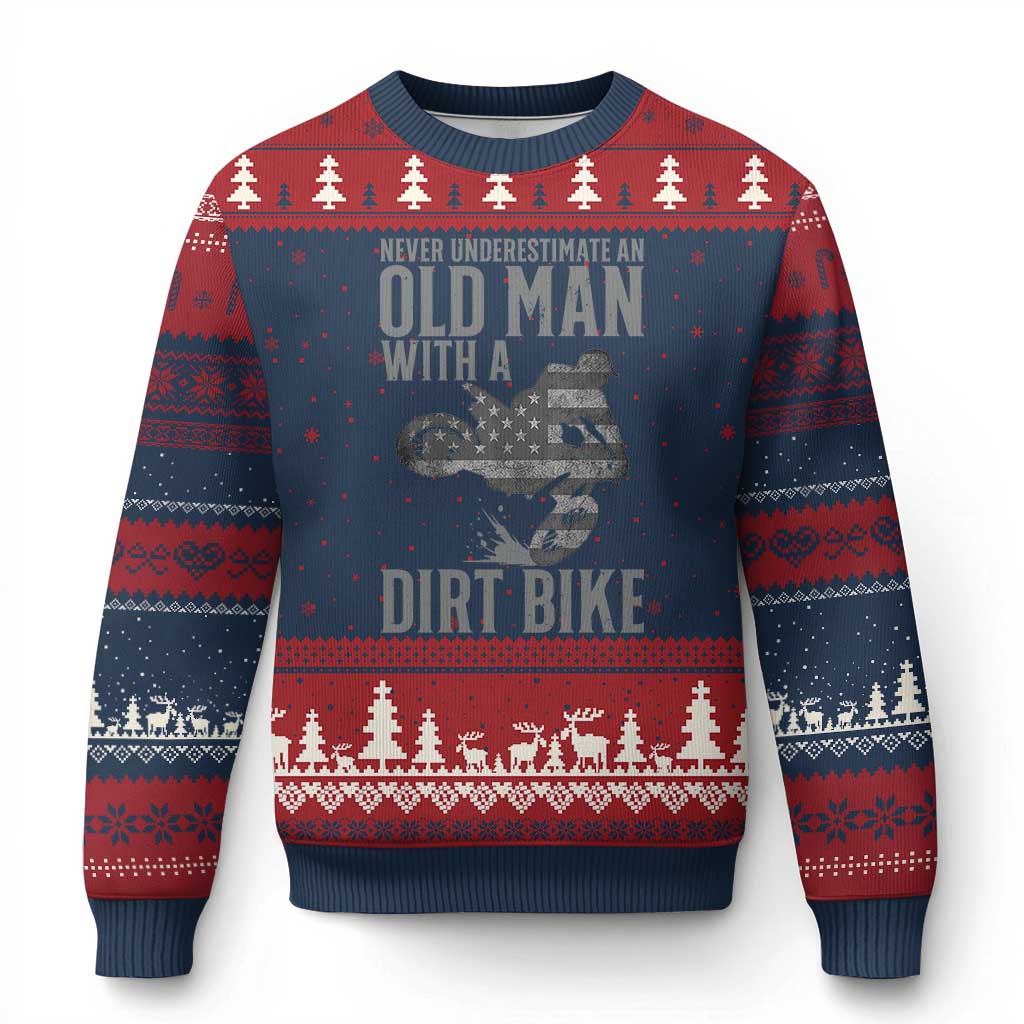 Funny Dirt Bike Motocross Ugly Christmas Sweater Never Underestimate An Old Man With A Dirt Bike Motocross TS14 Navy Red Print Your Wear