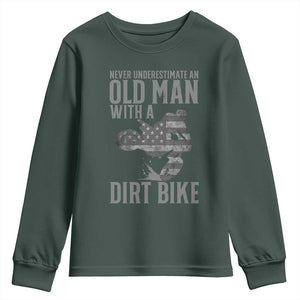 Funny Dirt Bike Motocross Youth Sweatshirt Never Underestimate An Old Man With A Dirt Bike Motocross TS14 Dark Forest Green Print Your Wear