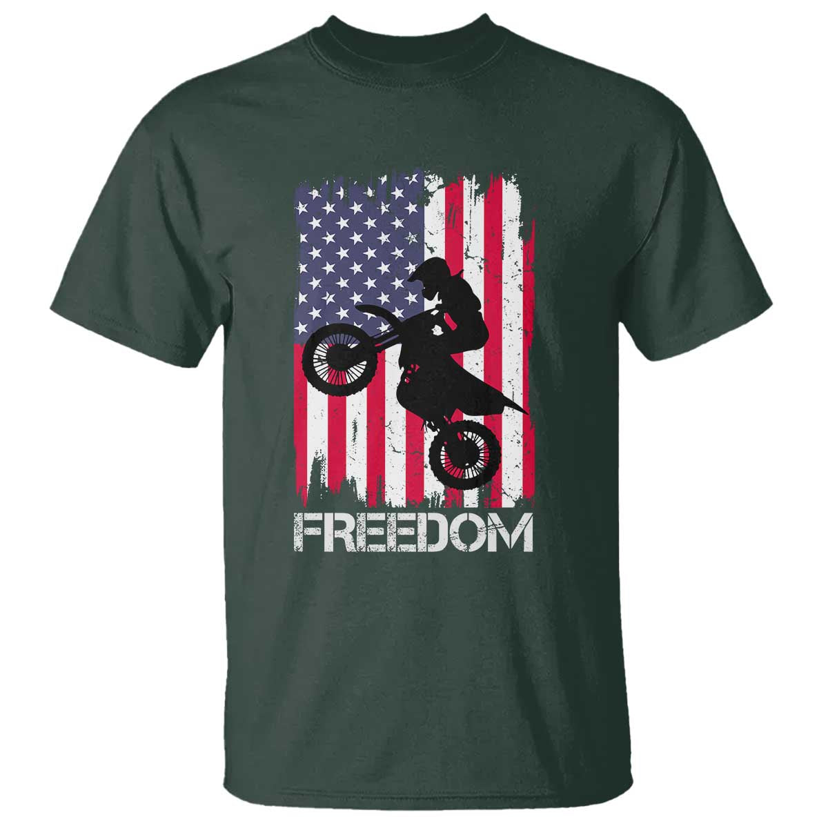 Freedom Motocross Dirt Bike T Shirt Patriotic American Flag TS14 Dark Forest Green Print Your Wear