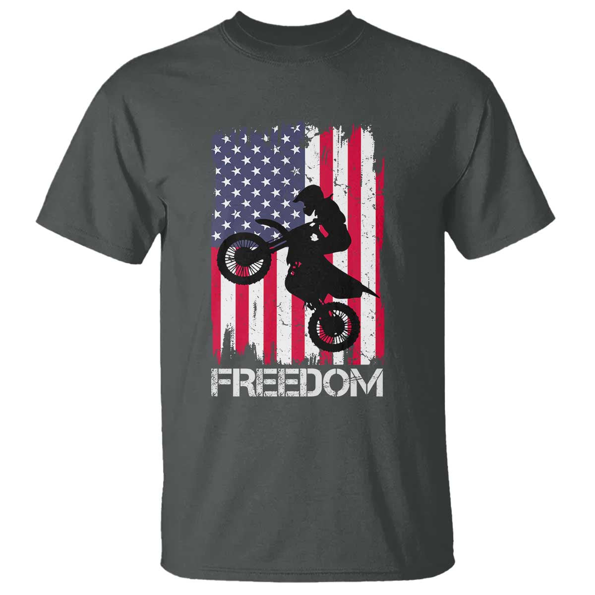 Freedom Motocross Dirt Bike T Shirt Patriotic American Flag TS14 Dark Heather Print Your Wear