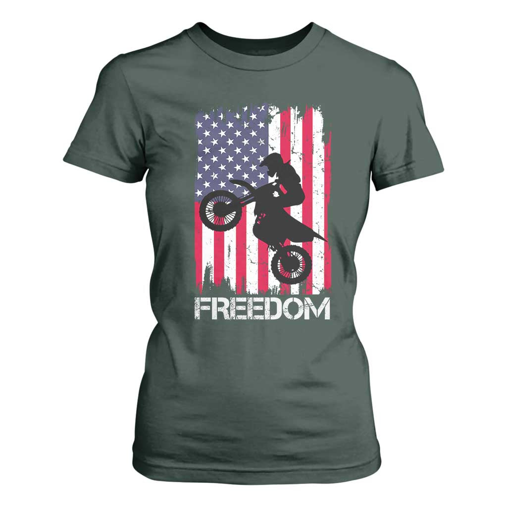Freedom Motocross Dirt Bike T Shirt For Women Patriotic American Flag TS14 Dark Forest Green Print Your Wear
