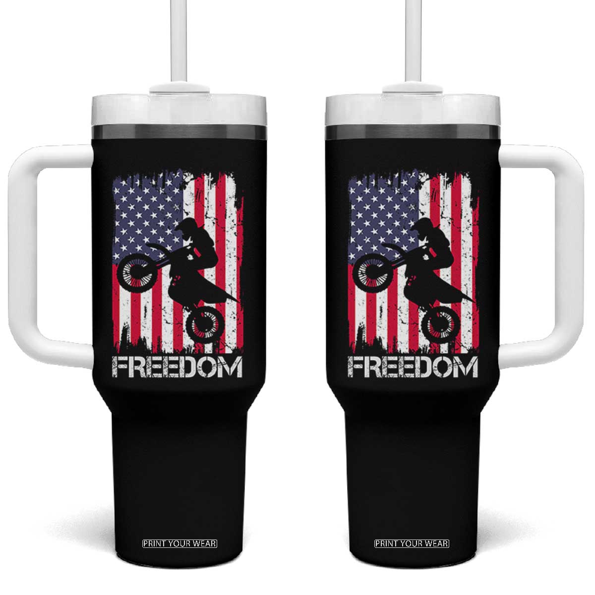 Freedom Motocross Dirt Bike Tumbler With Handle Patriotic American Flag TS14 One Size: 40 oz Black Print Your Wear