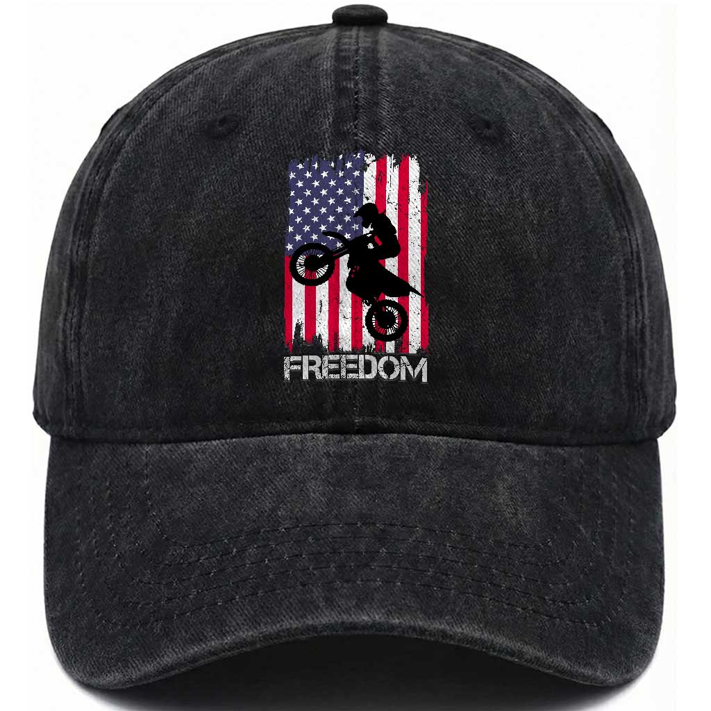 Freedom Motocross Dirt Bike Washed Cotton Baseball Cap Patriotic American Flag TS14 Washed Cap Universal Fit Black Print Your Wear