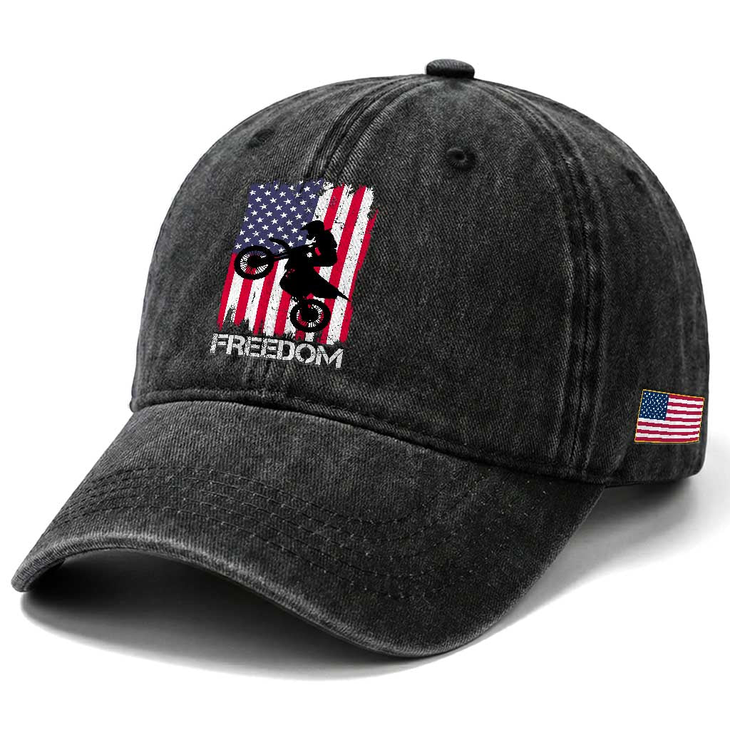 Freedom Motocross Dirt Bike Washed Cotton Baseball Cap Patriotic American Flag TS14 Print Your Wear