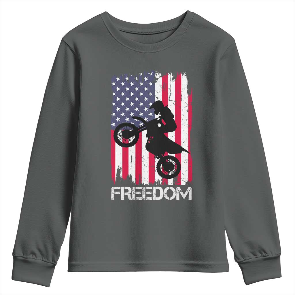 Freedom Motocross Dirt Bike Youth Sweatshirt Patriotic American Flag TS14 Dark Heather Print Your Wear