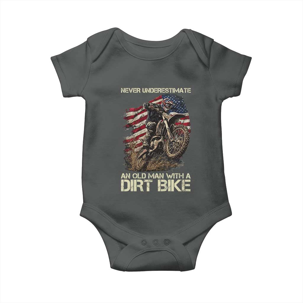 Dirt Bike American Flag Baby Onesie Never Underestimate An Old Man With A Dirt Bike Motocross TS14 Dark Heather Print Your Wear