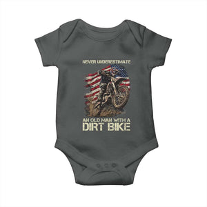 Dirt Bike American Flag Baby Onesie Never Underestimate An Old Man With A Dirt Bike Motocross TS14 Dark Heather Print Your Wear
