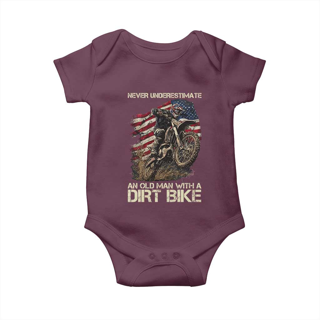 Dirt Bike American Flag Baby Onesie Never Underestimate An Old Man With A Dirt Bike Motocross TS14 Maroon Print Your Wear