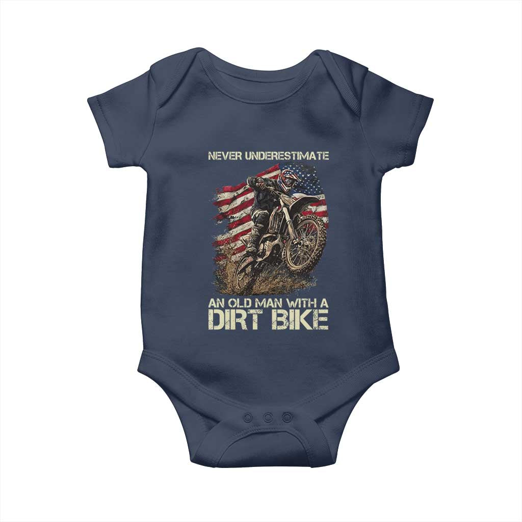 Dirt Bike American Flag Baby Onesie Never Underestimate An Old Man With A Dirt Bike Motocross TS14 Navy Print Your Wear