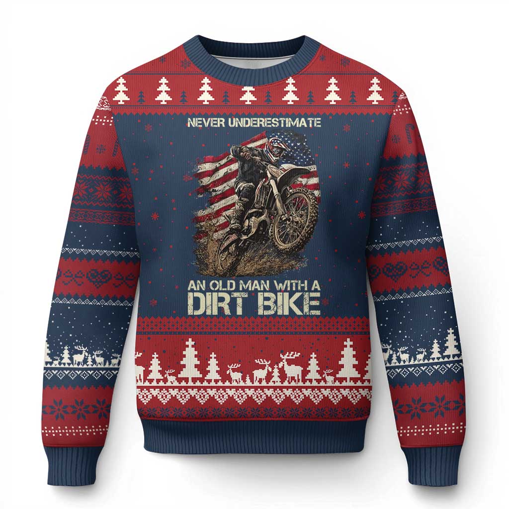 Dirt Bike American Flag Ugly Christmas Sweater Never Underestimate An Old Man With A Dirt Bike Motocross TS14 Navy Red Print Your Wear