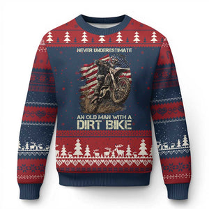 Dirt Bike American Flag Ugly Christmas Sweater Never Underestimate An Old Man With A Dirt Bike Motocross TS14 Navy Red Print Your Wear