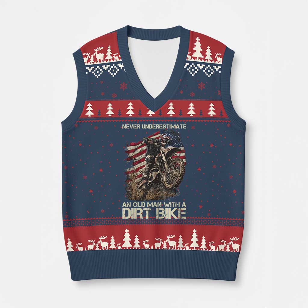 Dirt Bike American Flag V-Neck Knit Sweater Vest Never Underestimate An Old Man With A Dirt Bike Motocross TS14 Navy Red Print Your Wear