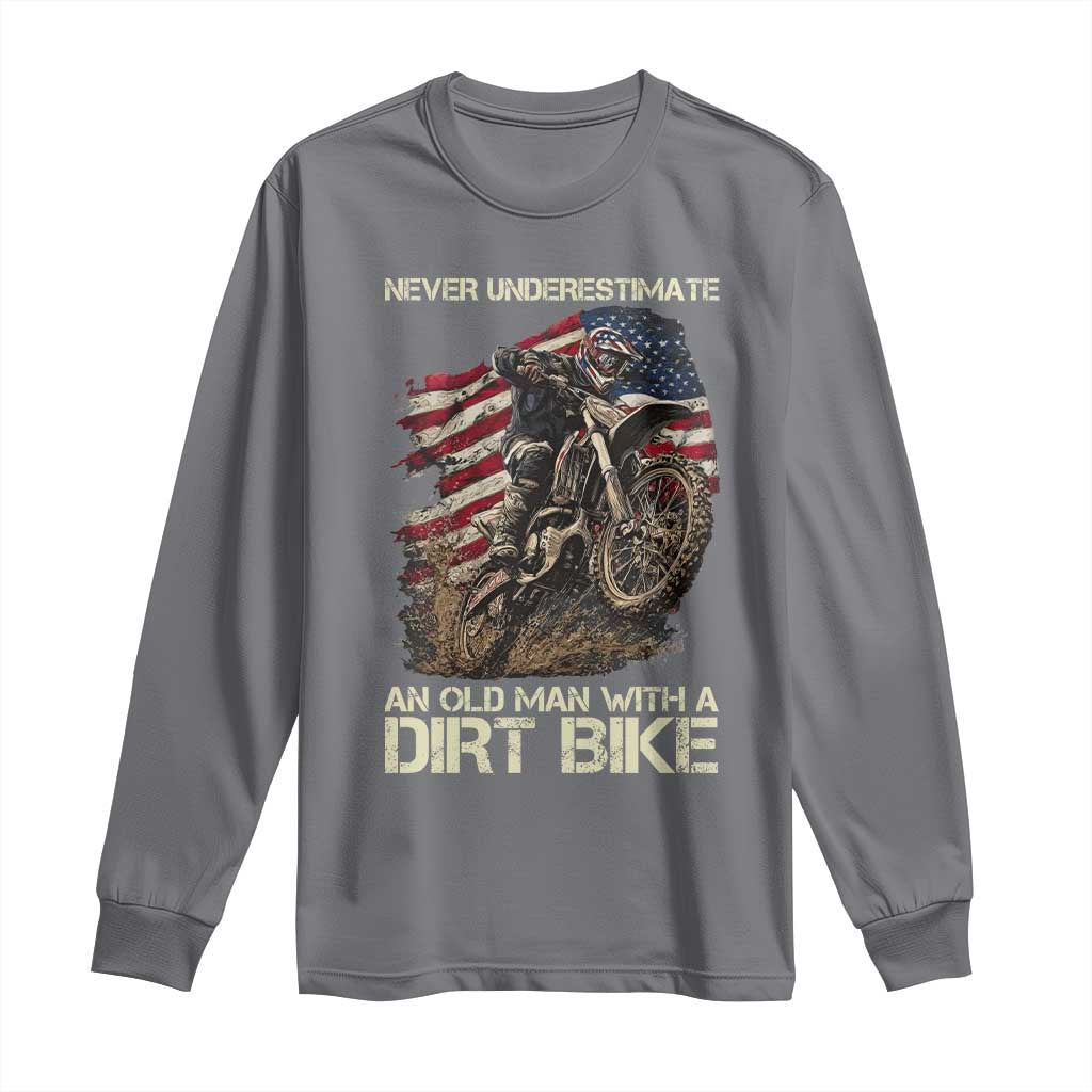 Dirt Bike American Flag Long Sleeve Shirt Never Underestimate An Old Man With A Dirt Bike Motocross TS14 Charcoal Print Your Wear