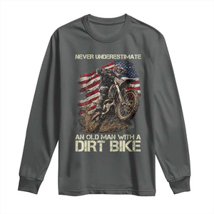 Dirt Bike American Flag Long Sleeve Shirt Never Underestimate An Old Man With A Dirt Bike Motocross TS14 Dark Heather Print Your Wear