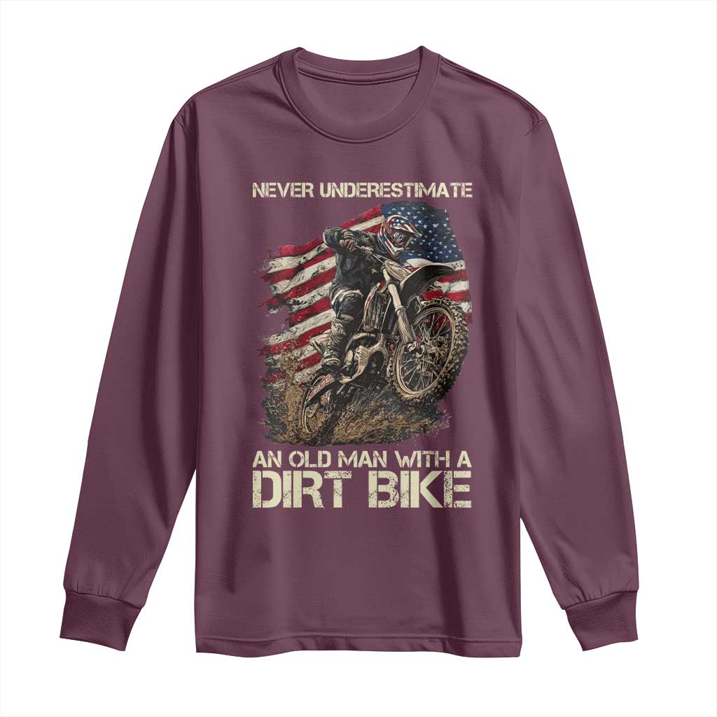 Dirt Bike American Flag Long Sleeve Shirt Never Underestimate An Old Man With A Dirt Bike Motocross TS14 Maroon Print Your Wear