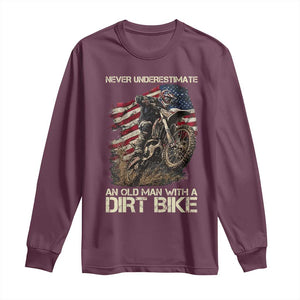 Dirt Bike American Flag Long Sleeve Shirt Never Underestimate An Old Man With A Dirt Bike Motocross TS14 Maroon Print Your Wear