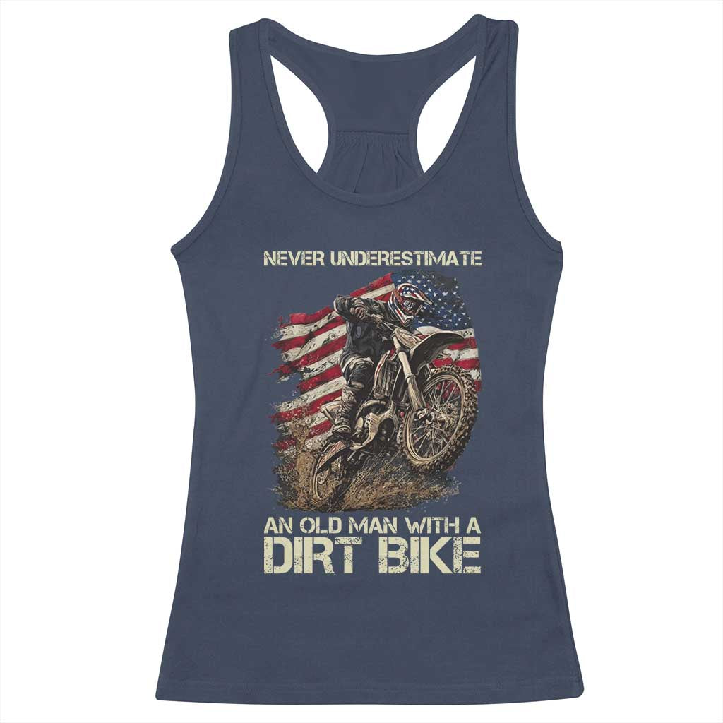 Dirt Bike American Flag Racerback Tank Top Never Underestimate An Old Man With A Dirt Bike Motocross TS14 Navy Print Your Wear